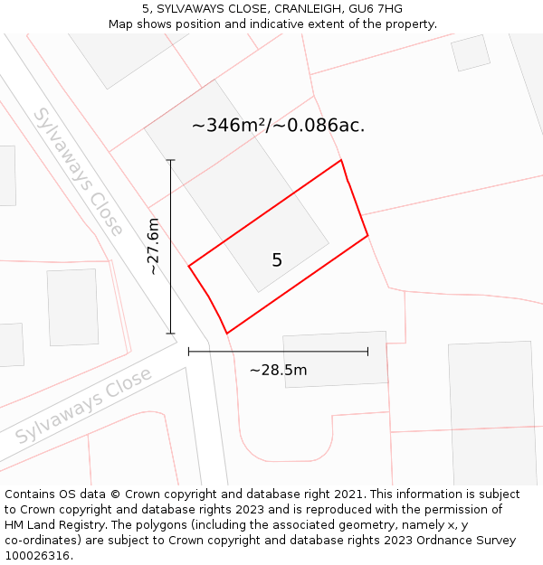 5, SYLVAWAYS CLOSE, CRANLEIGH, GU6 7HG: Plot and title map