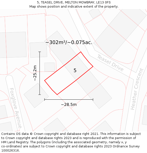 5, TEASEL DRIVE, MELTON MOWBRAY, LE13 0FS: Plot and title map