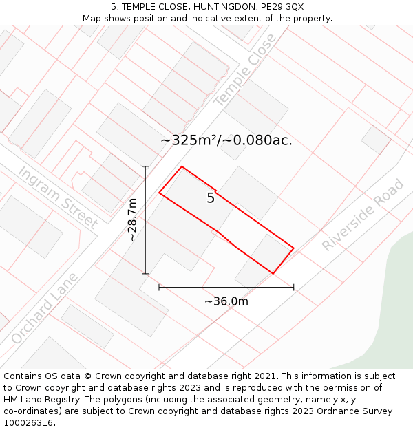 5, TEMPLE CLOSE, HUNTINGDON, PE29 3QX: Plot and title map