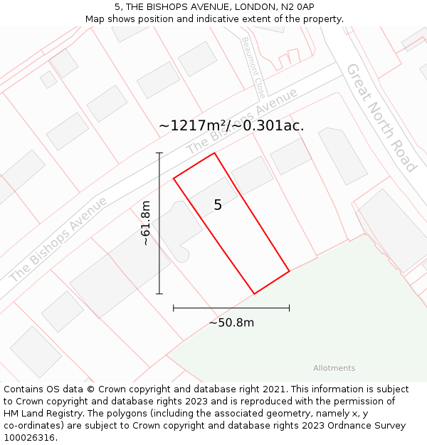 5, THE BISHOPS AVENUE, LONDON, N2 0AP: Plot and title map