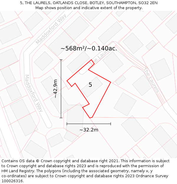 5, THE LAURELS, OATLANDS CLOSE, BOTLEY, SOUTHAMPTON, SO32 2EN: Plot and title map