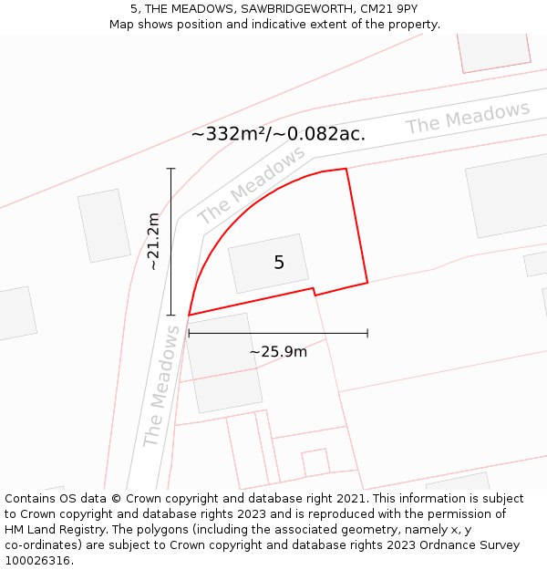 5, THE MEADOWS, SAWBRIDGEWORTH, CM21 9PY: Plot and title map