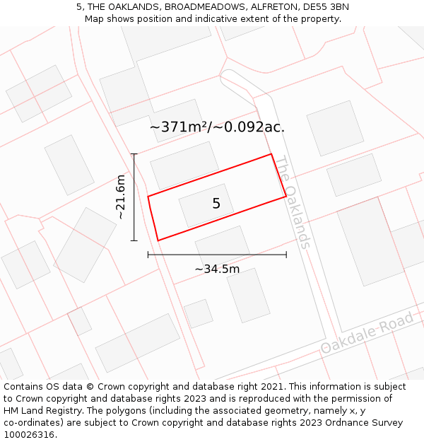 5, THE OAKLANDS, BROADMEADOWS, ALFRETON, DE55 3BN: Plot and title map