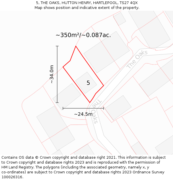 5, THE OAKS, HUTTON HENRY, HARTLEPOOL, TS27 4QX: Plot and title map