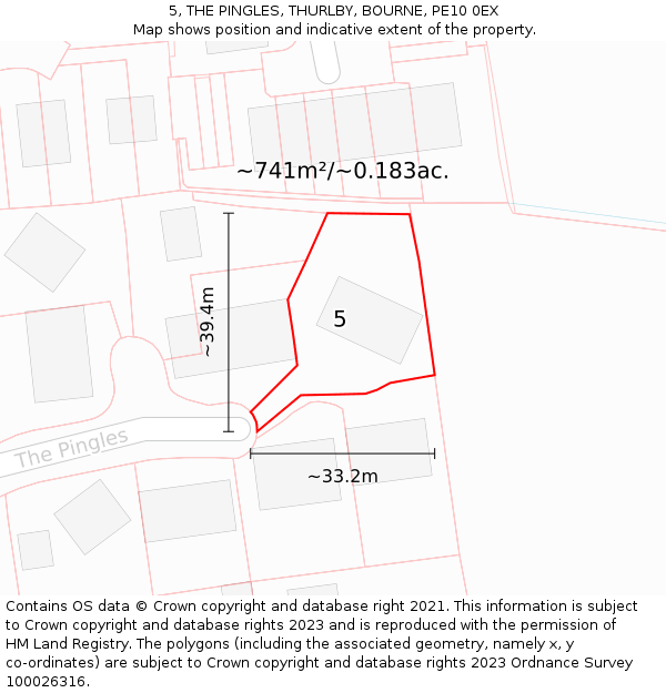 5, THE PINGLES, THURLBY, BOURNE, PE10 0EX: Plot and title map