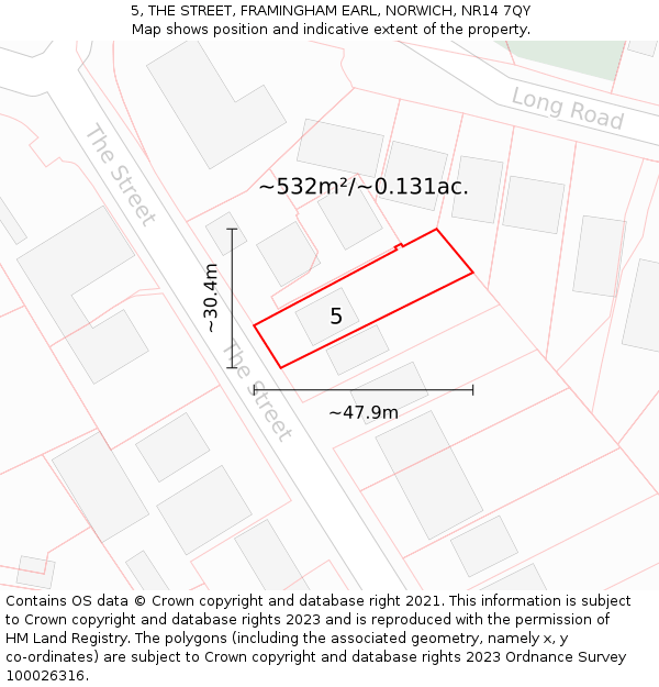 5, THE STREET, FRAMINGHAM EARL, NORWICH, NR14 7QY: Plot and title map