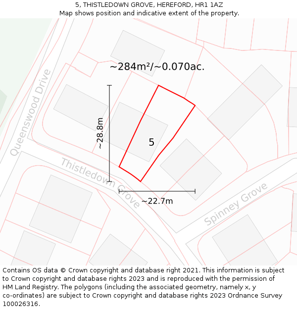 5, THISTLEDOWN GROVE, HEREFORD, HR1 1AZ: Plot and title map