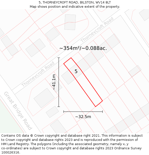 5, THORNEYCROFT ROAD, BILSTON, WV14 8LT: Plot and title map