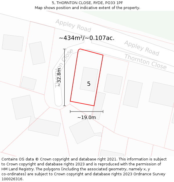 5, THORNTON CLOSE, RYDE, PO33 1PF: Plot and title map