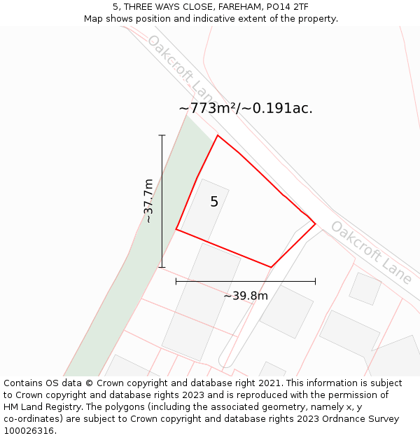 5, THREE WAYS CLOSE, FAREHAM, PO14 2TF: Plot and title map