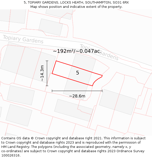 5, TOPIARY GARDENS, LOCKS HEATH, SOUTHAMPTON, SO31 6RX: Plot and title map