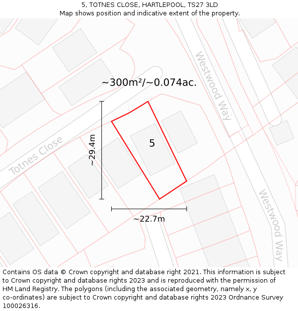 5, TOTNES CLOSE, HARTLEPOOL, TS27 3LD: Plot and title map