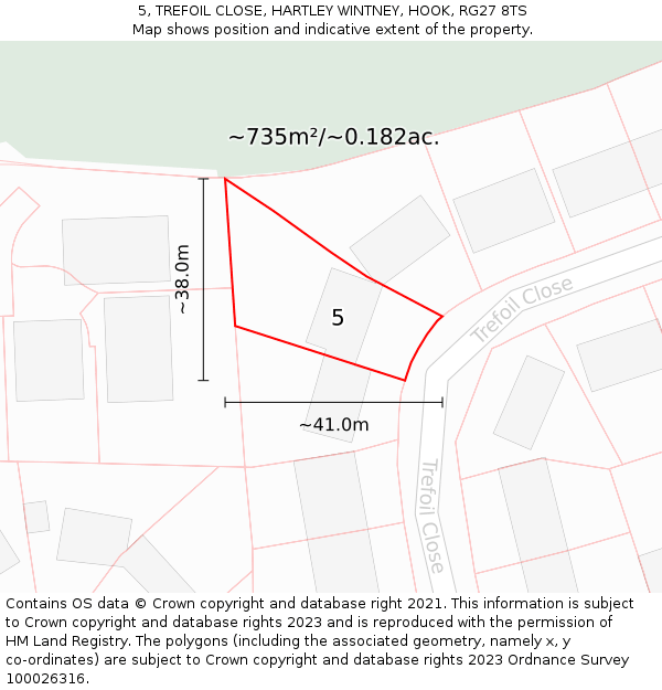 5, TREFOIL CLOSE, HARTLEY WINTNEY, HOOK, RG27 8TS: Plot and title map