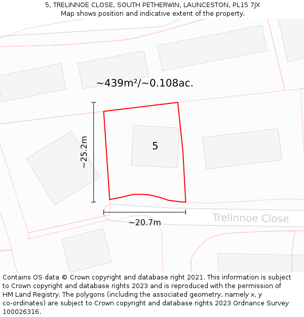 5, TRELINNOE CLOSE, SOUTH PETHERWIN, LAUNCESTON, PL15 7JX: Plot and title map