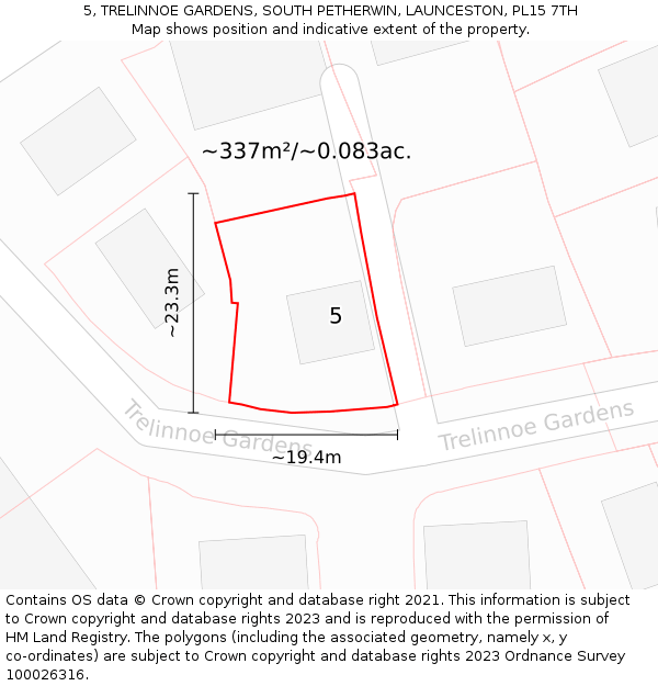 5, TRELINNOE GARDENS, SOUTH PETHERWIN, LAUNCESTON, PL15 7TH: Plot and title map