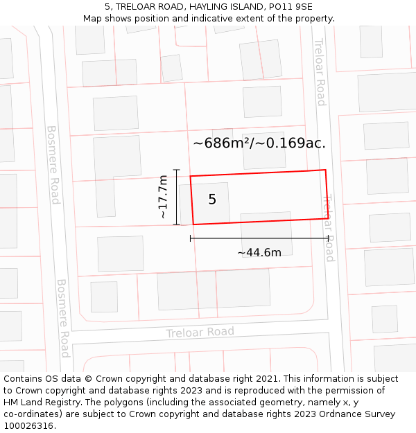 5, TRELOAR ROAD, HAYLING ISLAND, PO11 9SE: Plot and title map