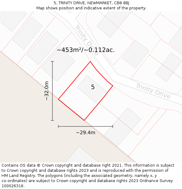 5, TRINITY DRIVE, NEWMARKET, CB8 8BJ: Plot and title map