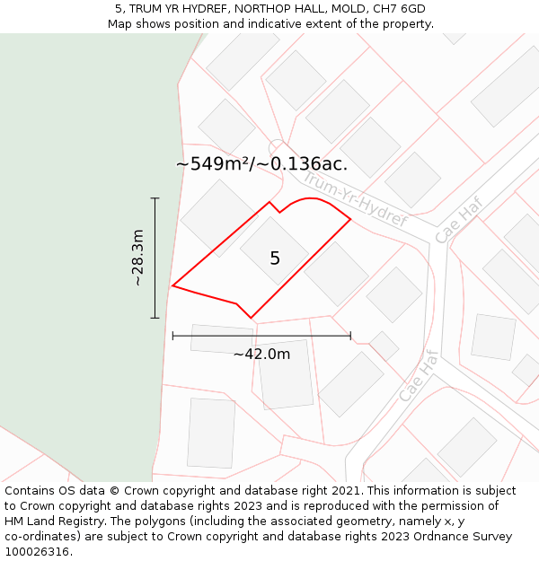 5, TRUM YR HYDREF, NORTHOP HALL, MOLD, CH7 6GD: Plot and title map