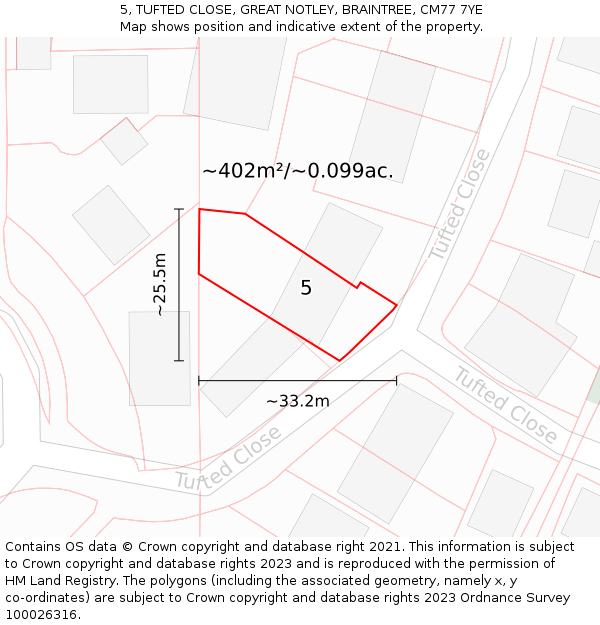 5, TUFTED CLOSE, GREAT NOTLEY, BRAINTREE, CM77 7YE: Plot and title map