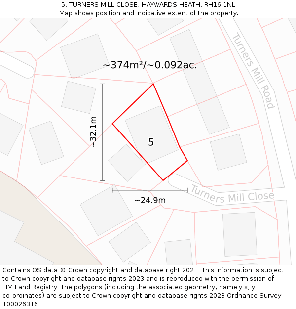 5, TURNERS MILL CLOSE, HAYWARDS HEATH, RH16 1NL: Plot and title map