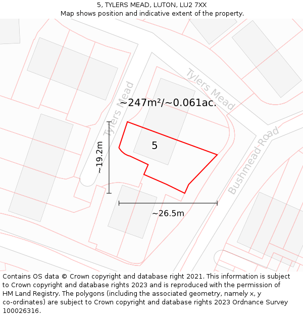 5, TYLERS MEAD, LUTON, LU2 7XX: Plot and title map