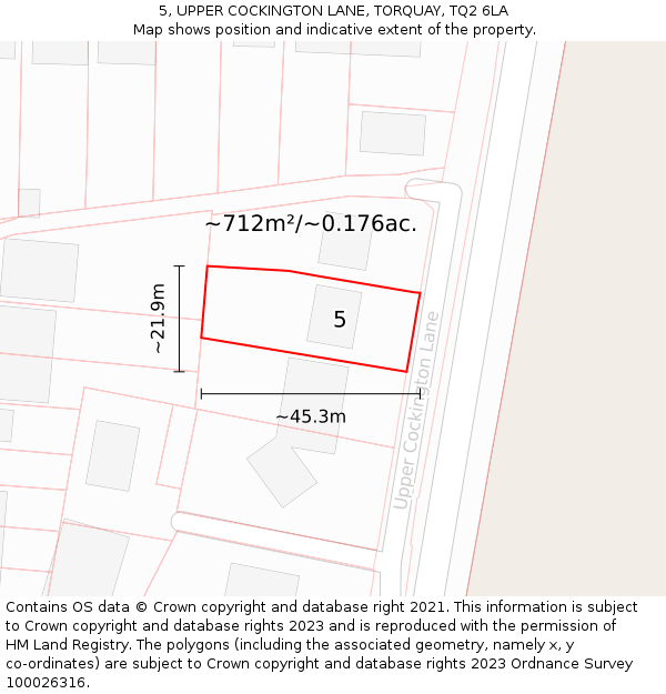 5, UPPER COCKINGTON LANE, TORQUAY, TQ2 6LA: Plot and title map