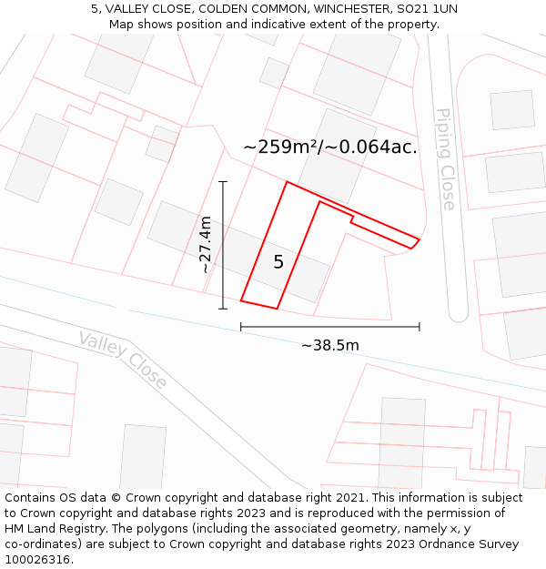 5, VALLEY CLOSE, COLDEN COMMON, WINCHESTER, SO21 1UN: Plot and title map