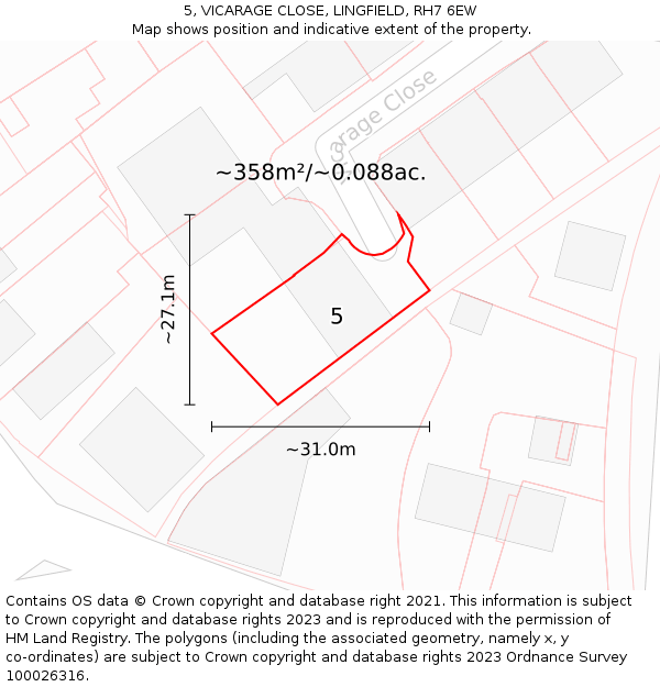 5, VICARAGE CLOSE, LINGFIELD, RH7 6EW: Plot and title map