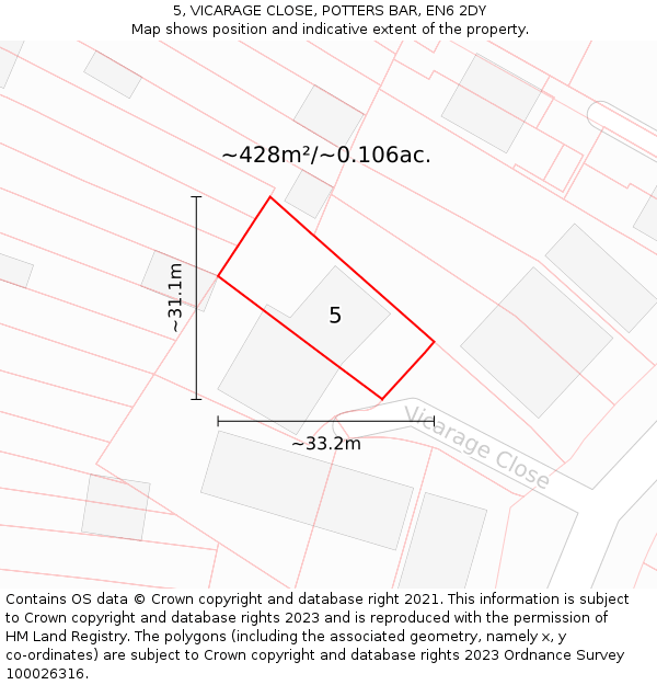 5, VICARAGE CLOSE, POTTERS BAR, EN6 2DY: Plot and title map