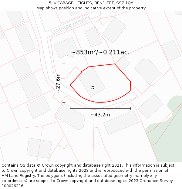 5, VICARAGE HEIGHTS, BENFLEET, SS7 1QA: Plot and title map