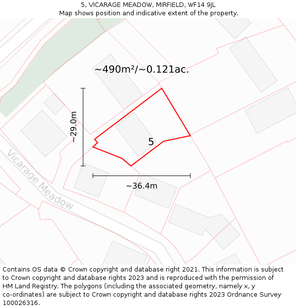 5, VICARAGE MEADOW, MIRFIELD, WF14 9JL: Plot and title map