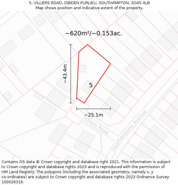 5, VILLIERS ROAD, DIBDEN PURLIEU, SOUTHAMPTON, SO45 4LB: Plot and title map