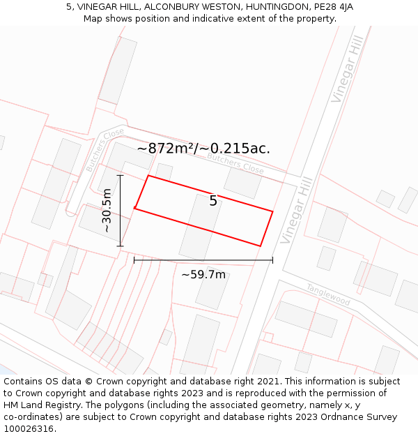 5, VINEGAR HILL, ALCONBURY WESTON, HUNTINGDON, PE28 4JA: Plot and title map