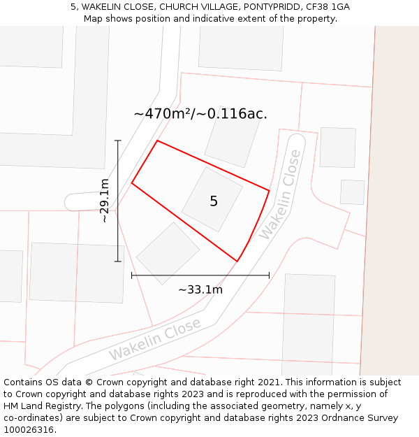 5, WAKELIN CLOSE, CHURCH VILLAGE, PONTYPRIDD, CF38 1GA: Plot and title map