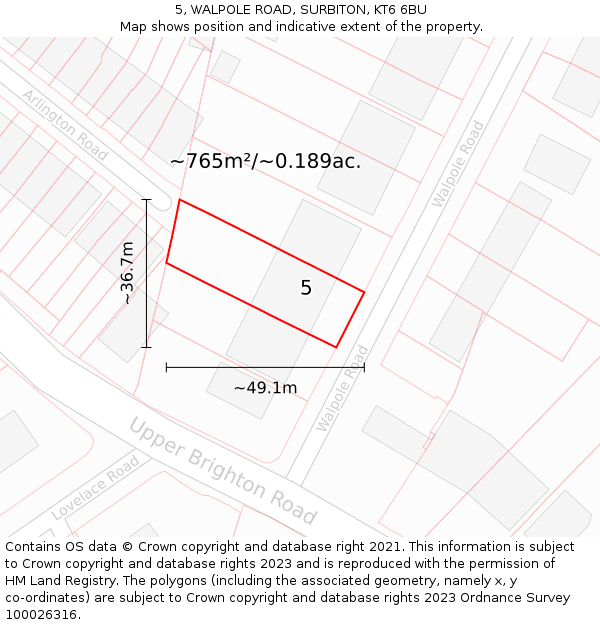 5, WALPOLE ROAD, SURBITON, KT6 6BU: Plot and title map