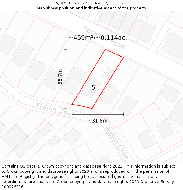 5, WALTON CLOSE, BACUP, OL13 9RE: Plot and title map