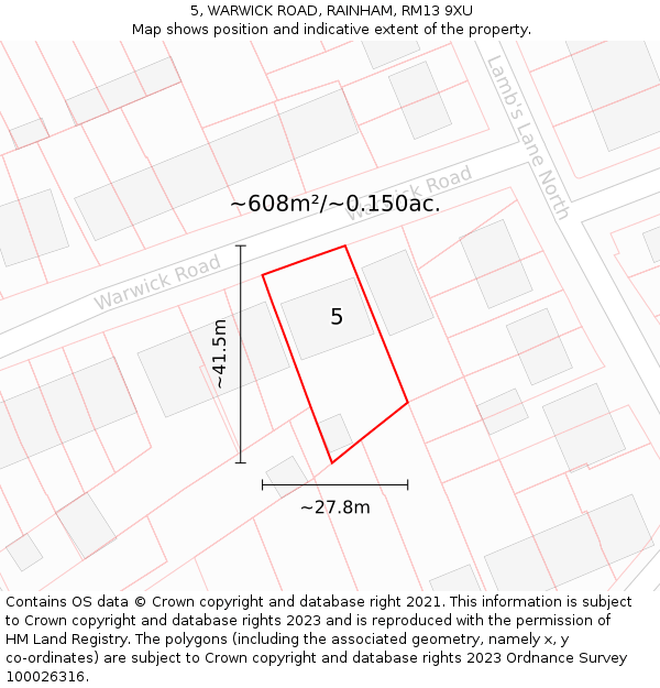 5, WARWICK ROAD, RAINHAM, RM13 9XU: Plot and title map