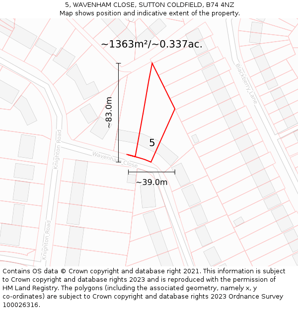 5, WAVENHAM CLOSE, SUTTON COLDFIELD, B74 4NZ: Plot and title map