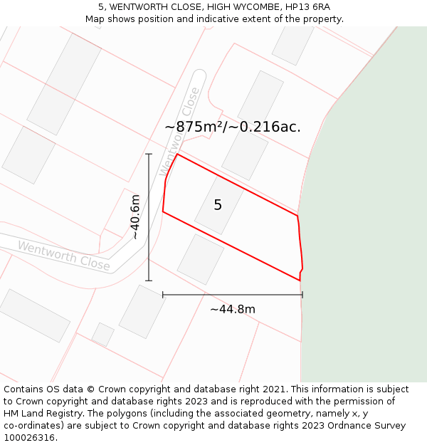 5, WENTWORTH CLOSE, HIGH WYCOMBE, HP13 6RA: Plot and title map