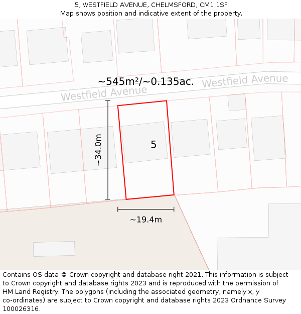 5, WESTFIELD AVENUE, CHELMSFORD, CM1 1SF: Plot and title map