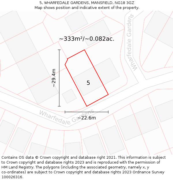 5, WHARFEDALE GARDENS, MANSFIELD, NG18 3GZ: Plot and title map