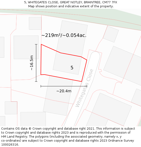 5, WHITEGATES CLOSE, GREAT NOTLEY, BRAINTREE, CM77 7FX: Plot and title map