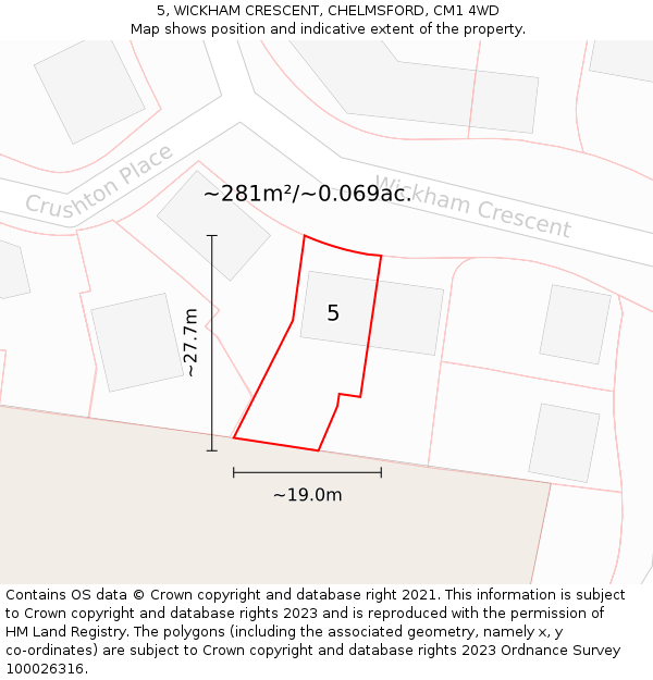 5, WICKHAM CRESCENT, CHELMSFORD, CM1 4WD: Plot and title map