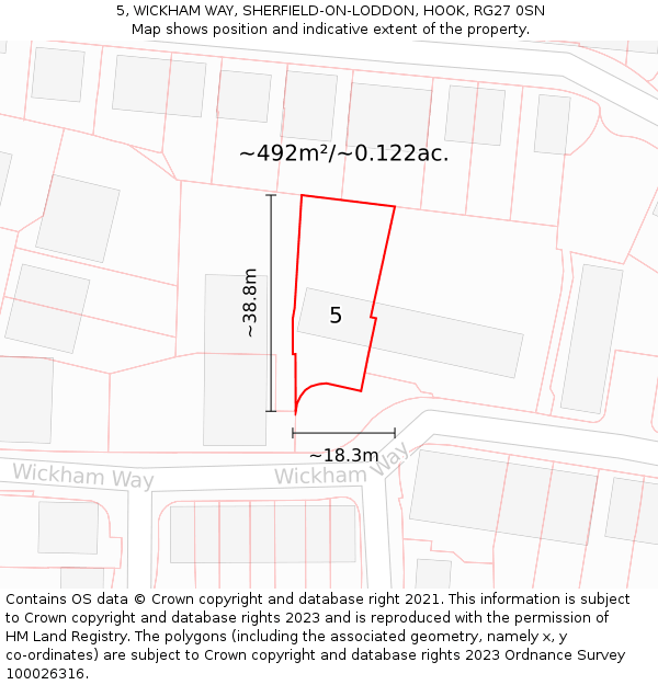 5, WICKHAM WAY, SHERFIELD-ON-LODDON, HOOK, RG27 0SN: Plot and title map