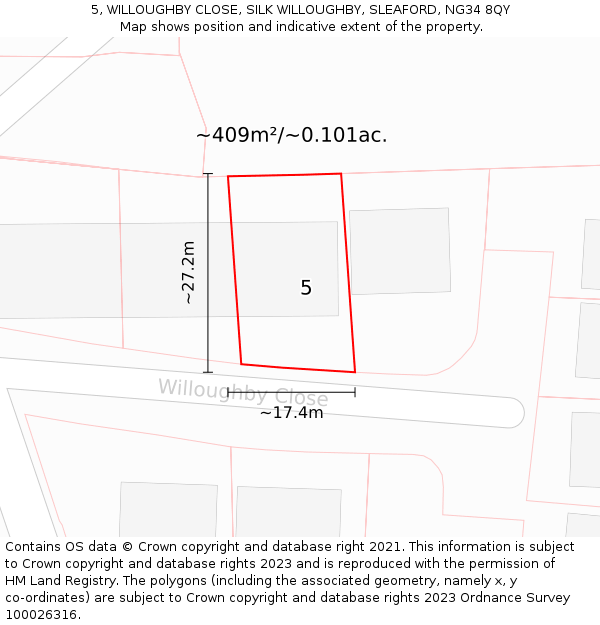 5, WILLOUGHBY CLOSE, SILK WILLOUGHBY, SLEAFORD, NG34 8QY: Plot and title map