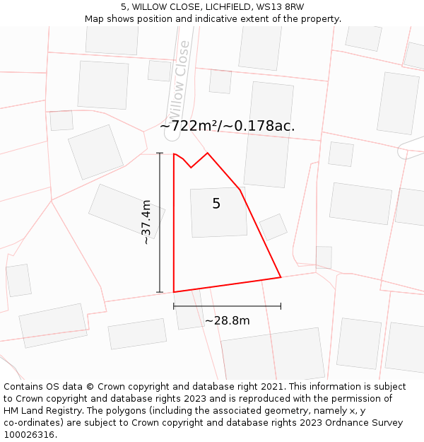 5, WILLOW CLOSE, LICHFIELD, WS13 8RW: Plot and title map