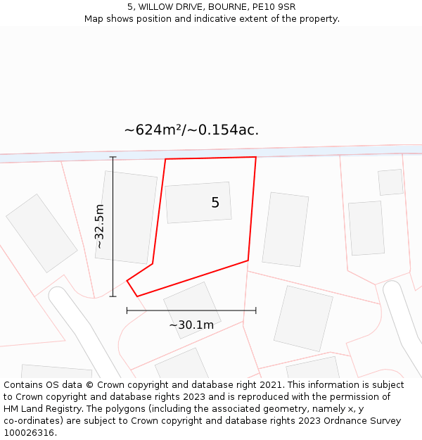 5, WILLOW DRIVE, BOURNE, PE10 9SR: Plot and title map