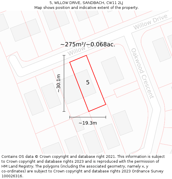 5, WILLOW DRIVE, SANDBACH, CW11 2LJ: Plot and title map