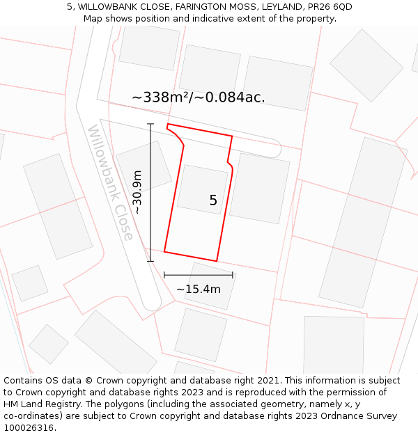 5, WILLOWBANK CLOSE, FARINGTON MOSS, LEYLAND, PR26 6QD: Plot and title map