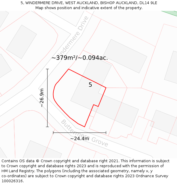 5, WINDERMERE DRIVE, WEST AUCKLAND, BISHOP AUCKLAND, DL14 9LE: Plot and title map